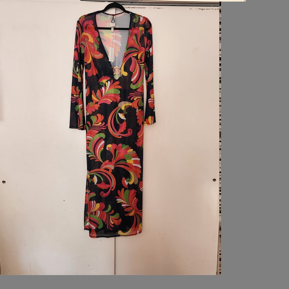Trina Turk Black Maxi Coverup with Multicolor Swirl Print
